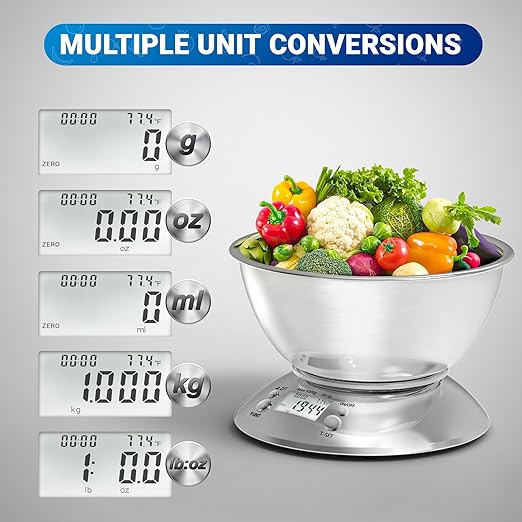 GRAM PRES Kitchen Food Scale Digital Weight Grams and Oz，Professional Stainless Steel Digital Kitchen Food Scale 11lb/0.1oz with Bowl for Weight Loss Dieting Baking Cooking