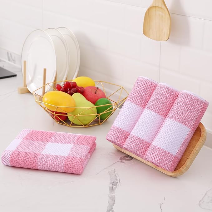 Homaxy Kitchen Towels and Dishcloths Set, 12 x 12 and 13 x 28 Inches, Set of 10 100% Cotton Waffle Weave Check Plaid Kitchen Dish Towels, Super Soft and Absorbent Dish Cloths, White & Pink