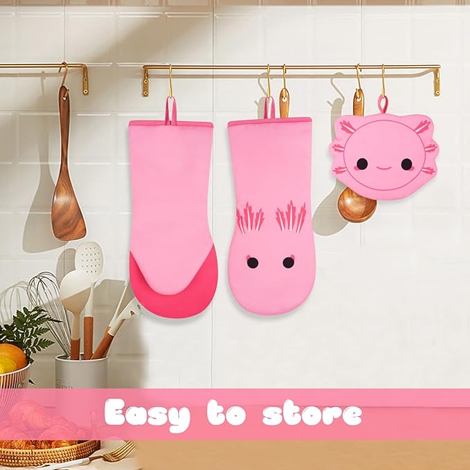 Oven Mitt, Cute Axolotl Oven Mitt Set with Pot Holders, Oven Mit Kitchen Mitts for Oven, Oven Mitts Heat Resistant Axolotl Kitchen Decor & Gifts for Housewarming