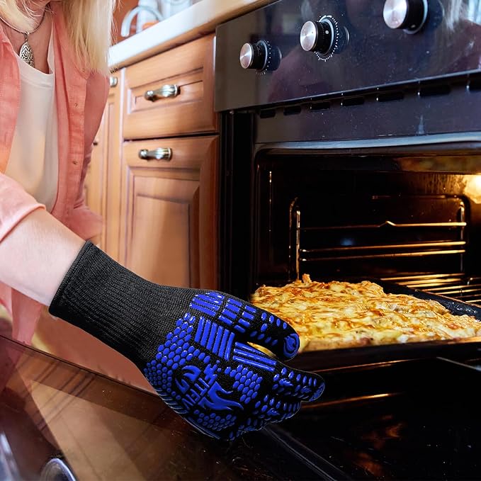 BBQ Gloves, Oven Gloves, 1472°F Extreme Heat Resistant Barbecue Gloves, Silicone Non-Slip Oven Mitts, Kitchen for Cooking, Grilling, and Baking (Blue)