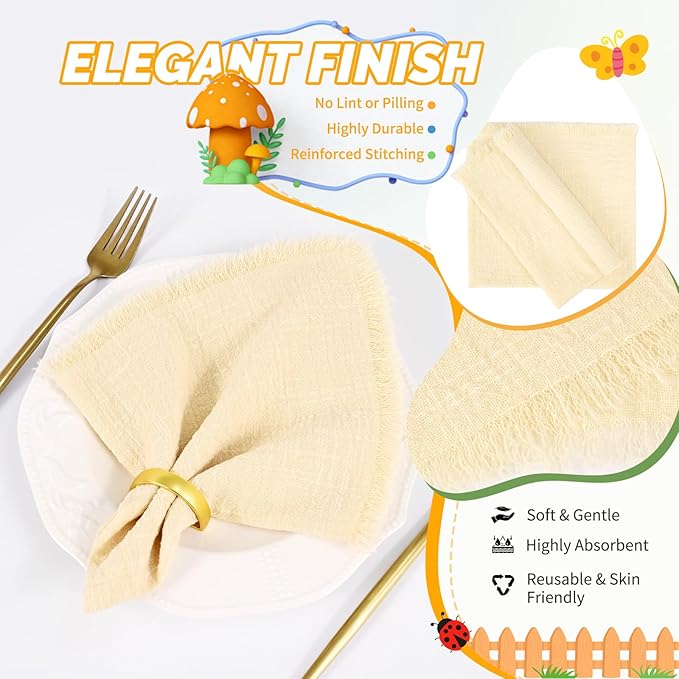 Showgeous 60 Pack Beige Cloth Napkins with Fringe 16x16 inch 100% Cotton Beige Napkins Handmade Dinner Napkins Bulk Washable Soft Rustic Table Napkins for Wedding Parties Bridal Baby Shower
