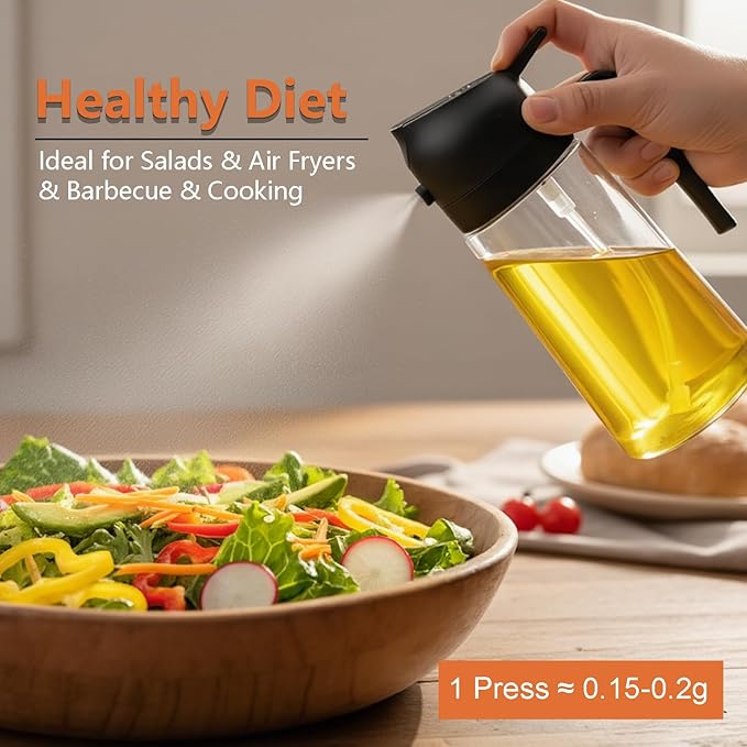 Aovdy Oil Sprayer for Cooking 16oz,2 in 1 Olive Oil Dispenser and Oil Sprayer - 470ml Olive Bottle Spray and Pour - Glass Oil Dispenser for Kitchen Cooking Salad BBQ (2PCS-Black & Green)