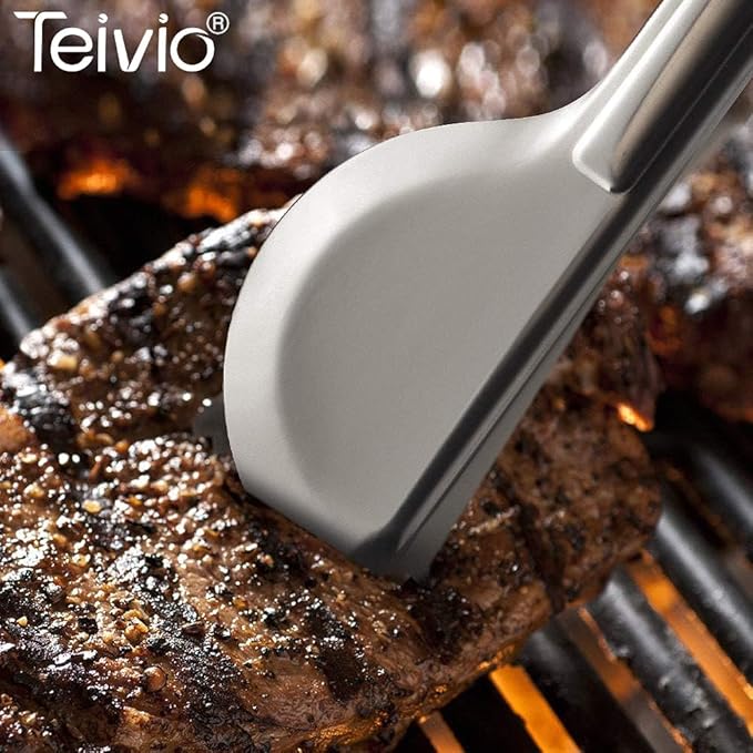 Teivio Stainless Steel Metal Serving Utensils - Large Set of 9-10" Spoons, 10" Slotted Spoons, and 9" Tongs (Silver)