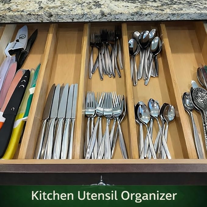 6 Pack Bamboo Drawer Dividers Adjustable – Expandable Drawer Dividers for Kitchen Drawer Organizer, Dresser Drawer Dividers, Drawer Dividers for Clothes, Wooden Drawer Organizer for Kitchen & Cabinet