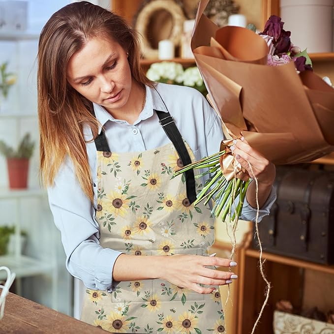 Britimes Sunflower Flower Summer Vintage Spring Apron Home Kitchen Cooking Baking Gardening for Women Men with Pockets 32x28 inch
