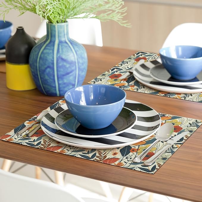 comfoyar Boho Colorful Flower Placemats Set of 4, 12x18 Inch Non-Slip Linen Watercolour Floral Place Mats, Washable Absorbent Rectangular Vintage Table Mats for Kitchen Dining Party Table Decoration