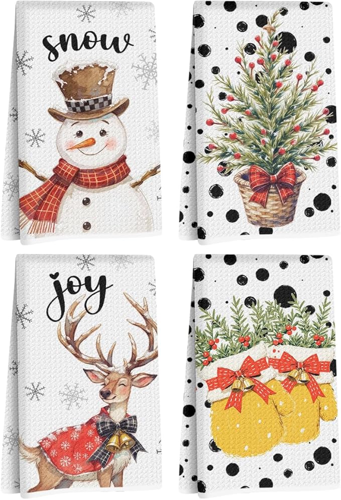 4 Pcs Christmas Kitchen Towels, Merry Christmas Tree Reindeer Tea Hand Towel, Microfiber Dish Cloths for Drying Dishes, Waffle Dish Towels for Kitchen Home Decor, for Women Mom