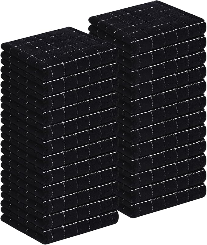 Homaxy 100% Cotton Terry Kitchen Towels(Black, 13 x 28 inches), Checkered Designed, Soft and Super Absorbent Dish Towels, 24 Pack