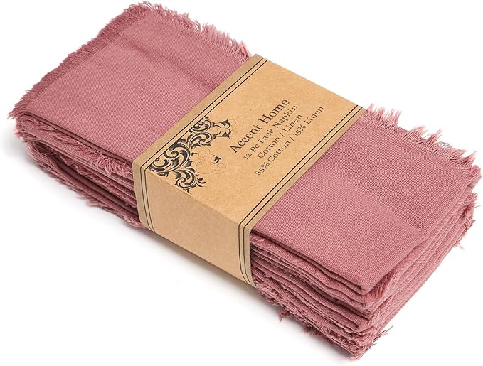 ACCENTHOME Blush Cotton Linen Napkin Set of 12 18x18 inch Dinner Napkins - Washable Soft Premium Hotel Quality Reusable Napkins Perfect Table Napkins for Family Dinners, Weddings & Everyday Use