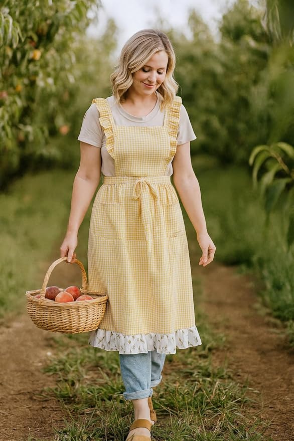 Vintage Gingham Apron for Women, Ruffle Straps, 2 Pockets, Soft Cotton, Apron Dress Style for Cooking & Baking