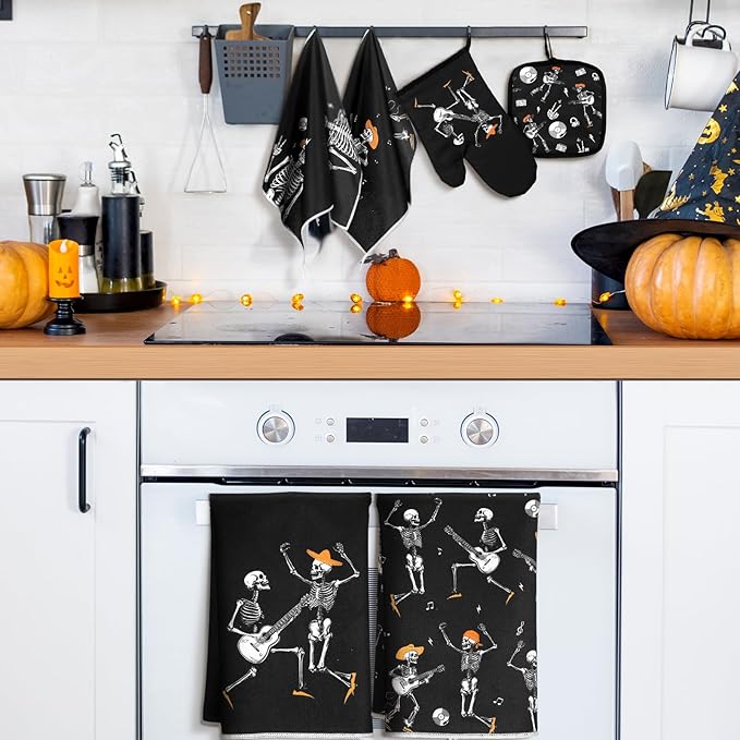 Leinuosen 8 Pcs Skull Kitchen Decor Set Kitchen Towels Gothic Oven Mitts and Pot Holders Skeleton Hand Dish Towels Horror Oven Mitts for Home Decoration Party Gifts (Modern Color,Music)