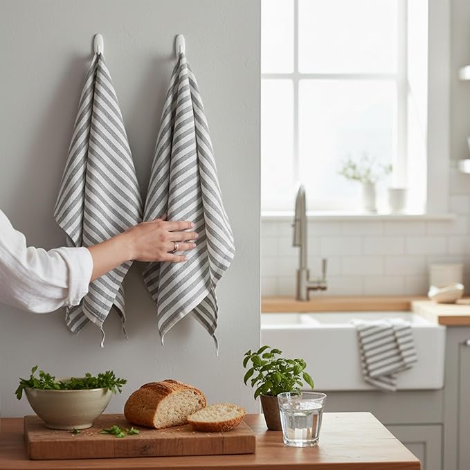 Eight Owls Stonewashed Linen Kitchen Dish Towels - 20 x 27 inch – 100% Pure Linen Tea Towel/Hand Towel - Set of 2 (Sage Stripe)
