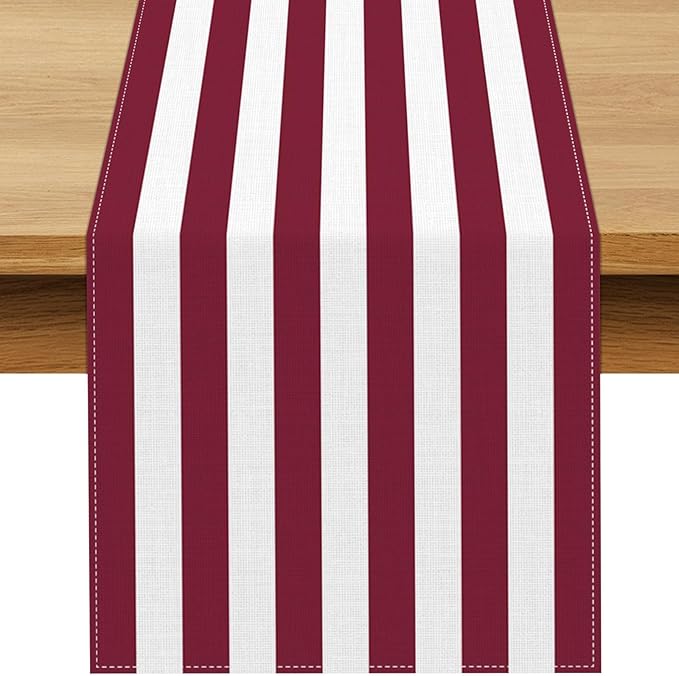 Burgundy and White Striped Table Runner Vintage Dark Wine Red Wedding Bridal Shower Party Decoration Christmas Dining Room Home Kitchen Table Decor (Burgundy, 13" x 72")