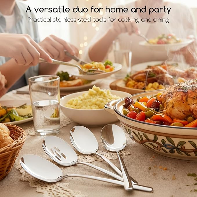 SOLEADER Extra Large Serving Spoons Set, 12 Inch Slotted Spoon, Premium Silverware, Cooking Spoon, Pasta Spoon, Buffet Spoons, 18/8 Stainless Steel, Pack of 4