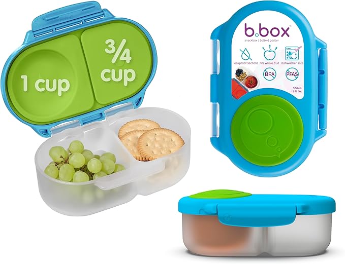 b.box Snack Box - Leakproof Mini Bento Box for Kids & Toddlers, 2 Compartment Snack Containers for Kids, Lunch Containers, Dishwasher Safe, BPA Free, PFAS Free, Ages 4m+, 1 3/4 Cup - Ocean Breeze