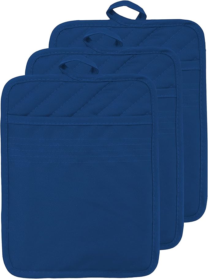 Cotton Pocket Pot Holders Machine Washable Heat Resistant Hot Pads for Kitchen Square Blue Oven Mitts 7"x9" Set of 3
