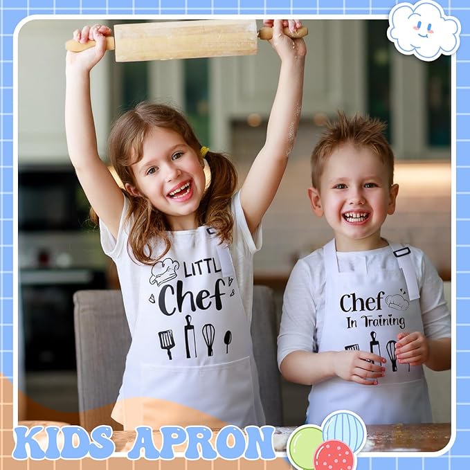 2 Pack Kids Apron and Chef Hat Adjustable Kitchen Cooking Apron with Pockets Kids Funny Apron for Girls Boys