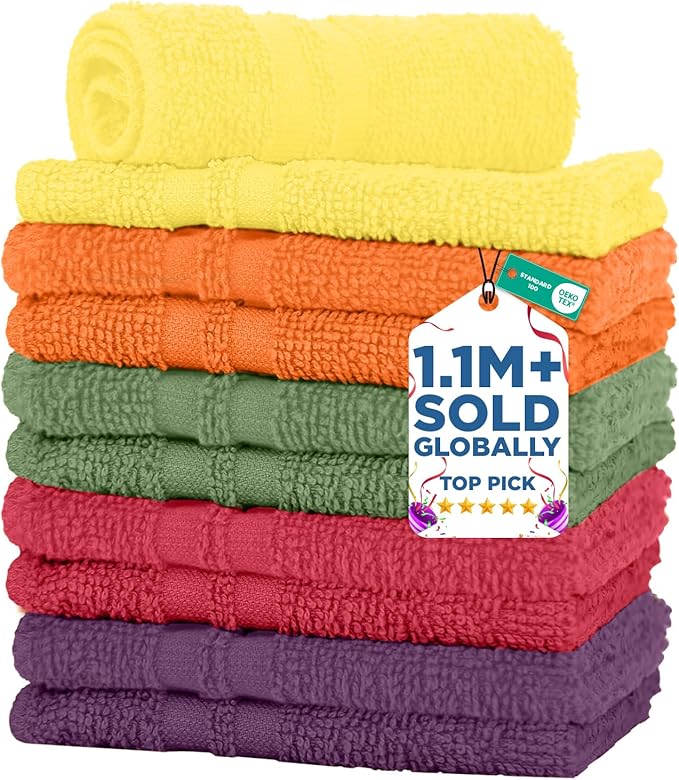 DAN RIVER 10 Pack Wash Cloths for Showering [11x11] - 100% Cotton Washcloths Premium Quality Flannel Face Cloths for Bathroom, Highly Absorbent and Soft Feel Wash Clothes, Assortment 6
