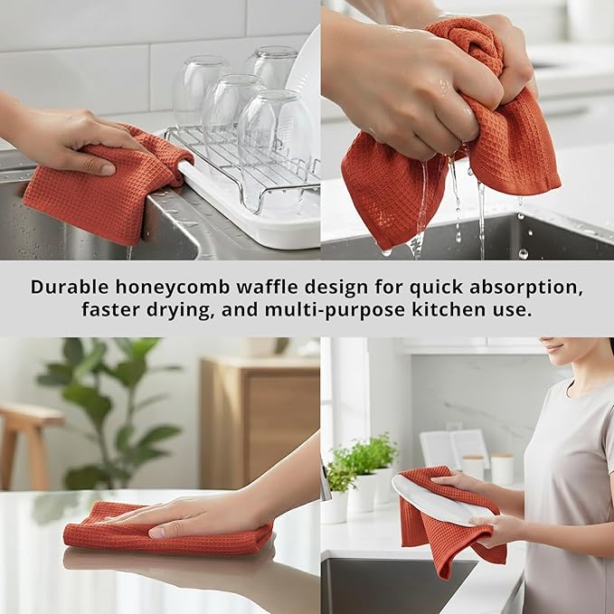 PurpleEssences Rust Waffle Weave Kitchen Towel, 100% Cotton - 15x25 Inches with Hanging Loop, Ultra Soft Absorbent Quick Drying Dish Cloth, Tea and Hand Towels, 4 Pack - Spring Easter Summer - Rust