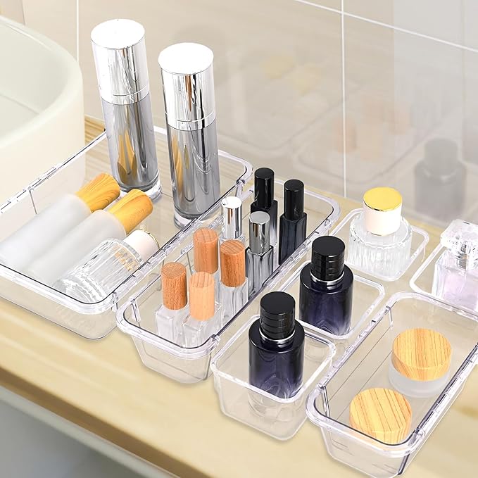 20 Pcs Clear Drawer Organizer, Adjustable Drawer Storage Box, 3-Size Desk Drawer Organizer, Acrylic Storage Bins for Makeup, Kitchen Utensils, Bedroom Dressers Tool Organizer for Gadgets