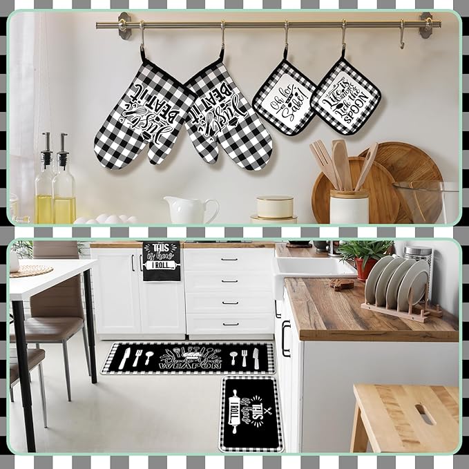 Fourluoo 12 Pcs Checkered Buffalo Kitchen Oven Mitts and Pot Holders Black and White Dish Towels Farmhouse Kitchen Decor Accessories Set for Chef Baking Cooking Grilling BBQ Women Mom Gift