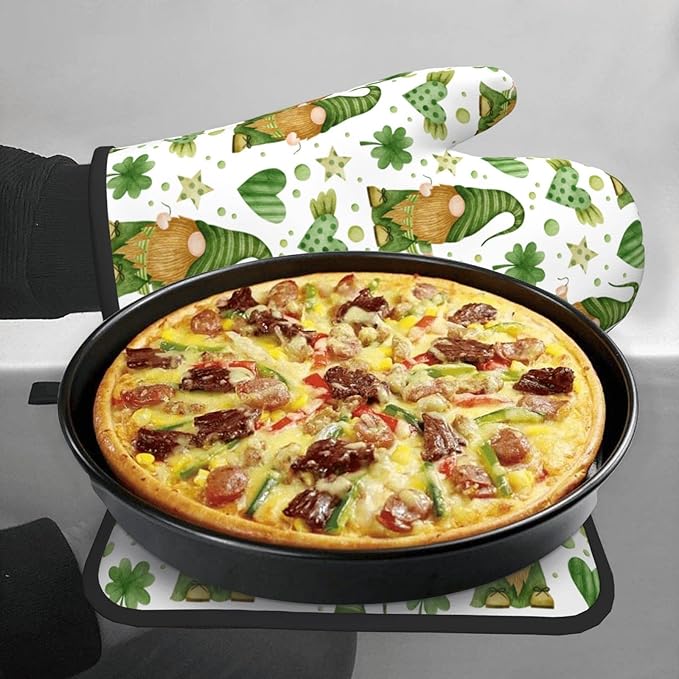 St. Patrick's Day Gnome Oven Mitts and Pot Holders Heat Resistant Oven Mitts Safe for Baking Cooking BBQ