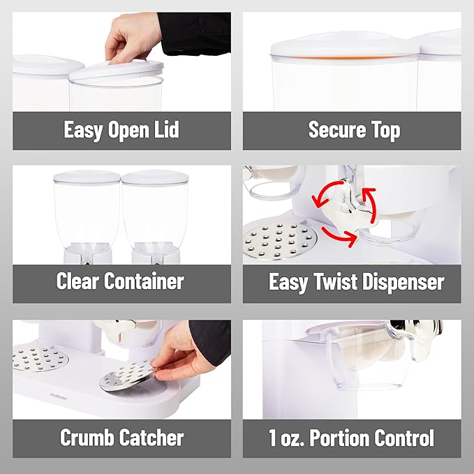 Mind Reader Double Cereal Dispenser for Countertop, 2 x 2L Airtight Containers, Rotating Dry Food Dispenser for Cereal, Rice, Candy, Coffee Beans, White