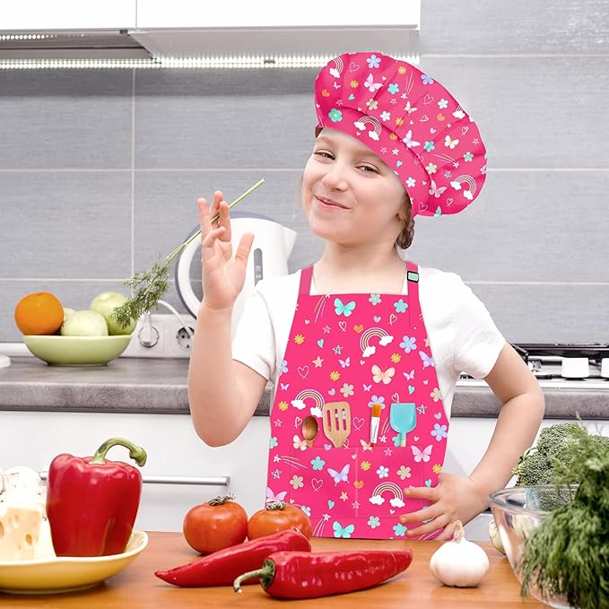 Kids Chef Hat and Apron, Adjustable Kids Aprons with Pocket Girls Boys Kitchen Toddler Aprons for Cooking Baking