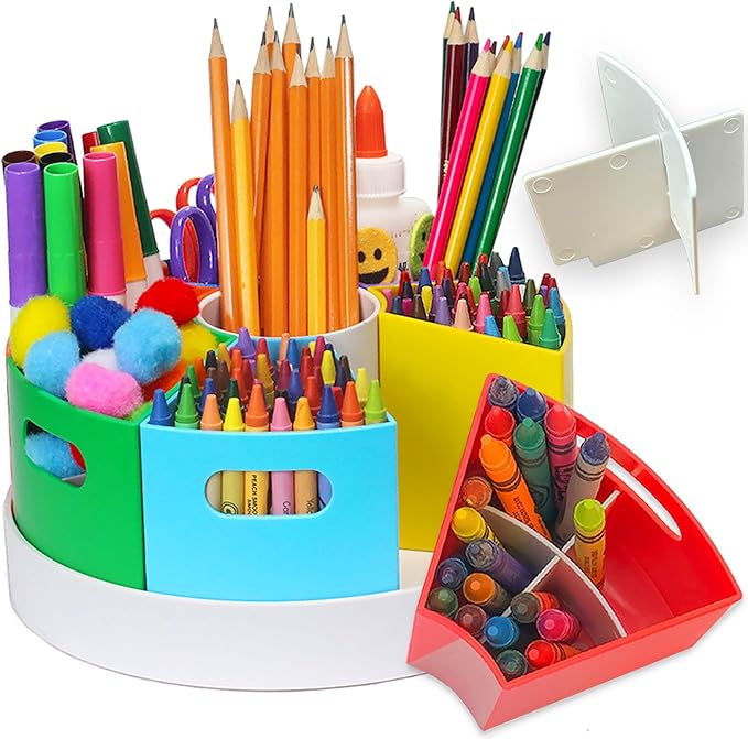 PUZZLE EZ Art Supply Storage Organizer for Kids – Art Organizers and Storage for Crayons, Markers & Pencils, Lazy Susan Rotating Classroom Desk Art Caddy with Dividers