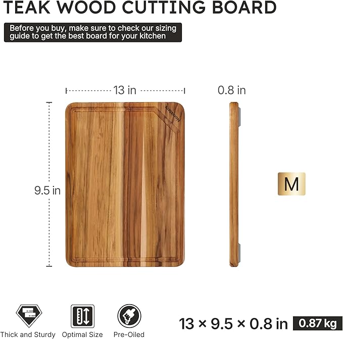 Teak Wood Cutting Board for Kitchen 13inch Charcuterie Board Serving Heavy Duty Non Toxic Slip Over Sink Solid Thick Haus Wooden Chopping Board Large Big Small Meat Best Kitchen Essential Gift