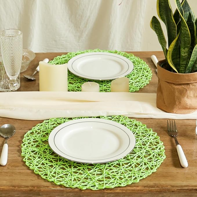 AHHFSMEI Paper Braided Round Placemats Set of 8 Natural Non-Slip Heat Resistant Table Mats for Dining Tables Woven Indoor Outdoor Place mats(Light Green,8)