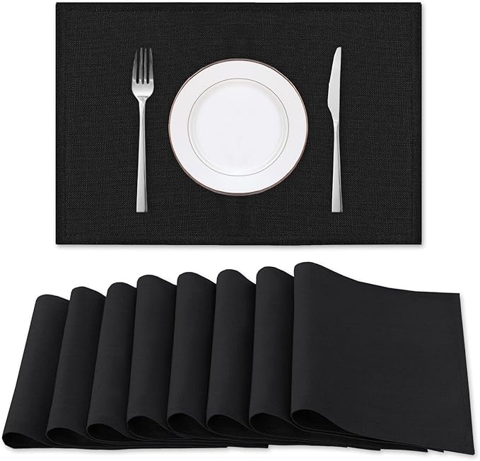 H.VERSAILTEX Linen Placemats Set of 8 Premium Solid Table Placemats for Dining Table Spill-Proof Waterproof Table Mats Heat-Resistant Kitchen Table Mats Washable, 12x18 inches, Black