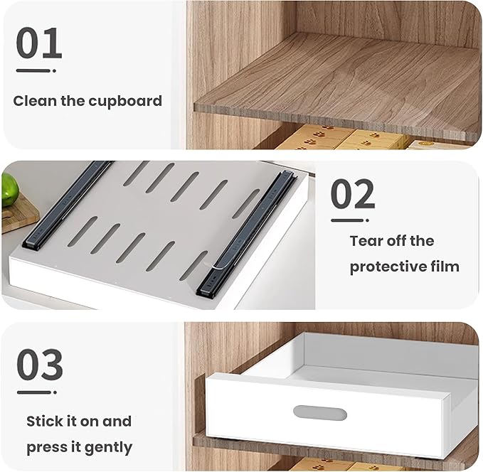 bealy 21'' Deep Pull Out Cabinet Organizer Adhesive, 10'' Wide Roll Out Cabinet Shelf Drawers for Face Frame or Frameless Cabinets, Sturdy Carbon Steel Kitchen Organizer for Pantry, Kitchen, Bathroom