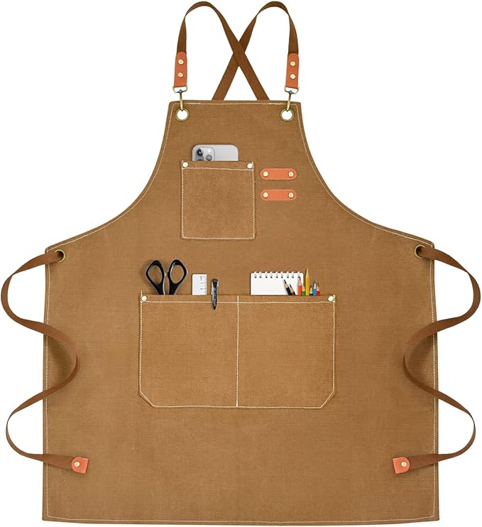 OUNLEN Chef Apron for Men Women Canvas Aprons with 3 Pockets Cross Back Resistant Work Apron for Cooking