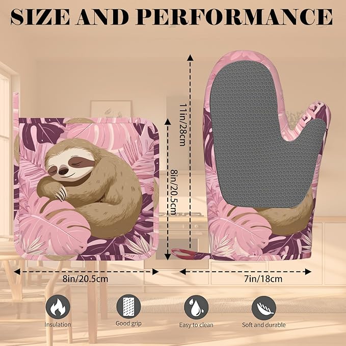 Pink Sloth Heat-Resistant Oven Mitts and Pot Holder Cute Animal Kitchen Non-Slip Silicone Cooking Microwave Gloves for Cooking Baking Grilling