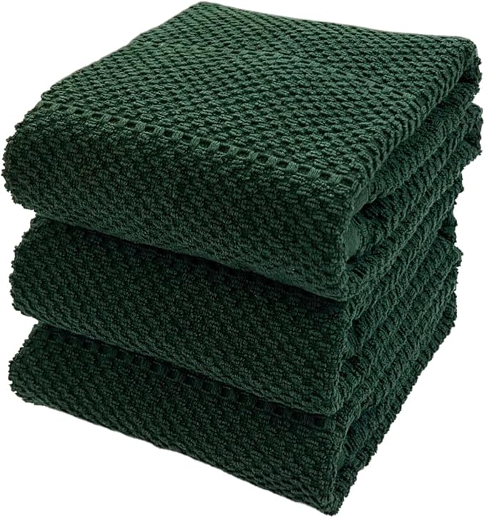Serafina Home Dark Green Kitchen Dish Towels: 100% Cotton Cloth Soft Cleaning Drying Absorbent Textured Terry Loop, Set of 3 Multipurpose for Everyday Use