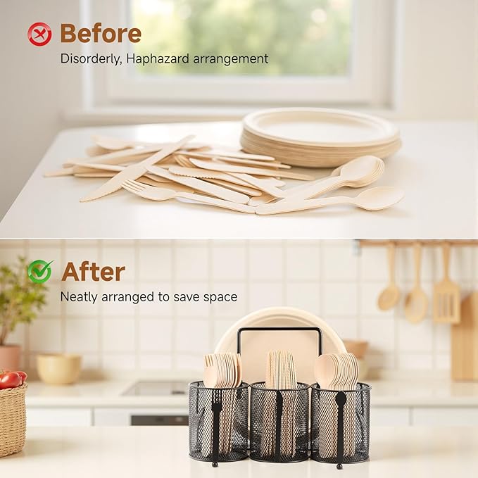 Metal Utensil Caddy Silverware Holder, Paper Plate Holder Cutlery Container,Plate Organizer Flatware Storage Basket Party Camping Picnic Buffet RV BBQ Farmhouse Kitchen Countertop