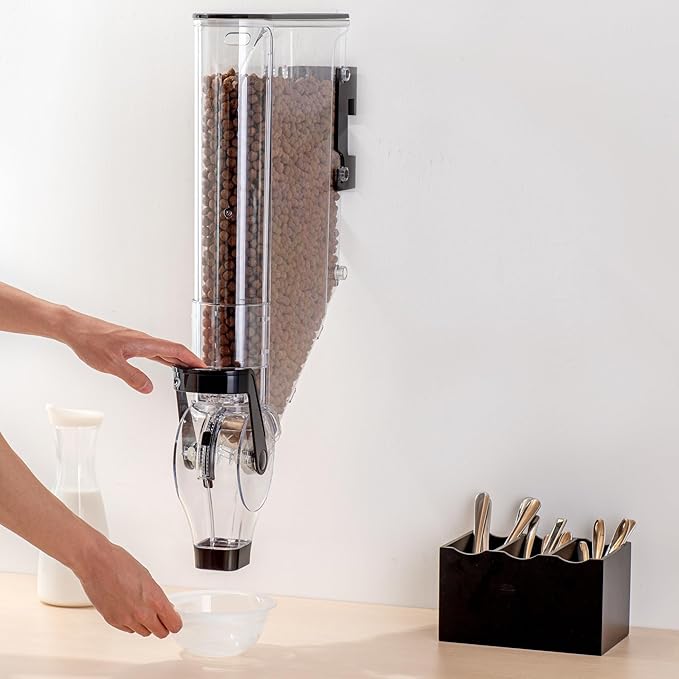 Restaurantware Cereal Dispenser 3 gal Plastic Wall-Mounted Gravity Bin Candy Dispenser Self-Serve Black Dry Food with Wall Mount Brackets for Breakfast Buffet or Hotel Use
