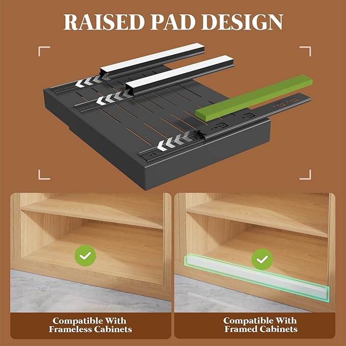 Seinloes 6 Pack Expandable Pull Out Cabinet Organizer 21"Deep With Raising Pad for Framed Cabinets,Upgrade 3 Slide Rails Slide Out Drawers,No Drill Roll Out Shelves,Adjustable Width 12.1"-20.4" Black