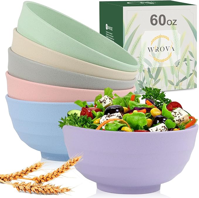 Wrova Wheat Straw Bowls Set 60 OZ Unbreakable Large Cereal Bowls Set of 6 Microwave and Dishwasher Safe Bowls Big Bowls for Dorm and Apartment BPA Free Soup Bowl for Serving Oatmeal and Salad Etc…