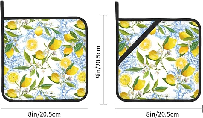 Lemon Pot Holders 2 PCS for Kitchen, Flower Heat Resistant Hot Pads for Cooking Grilling Baking BBQ Tropical Fruits Leaves Pot Holders Cook Essentials Accessories Home Microwave