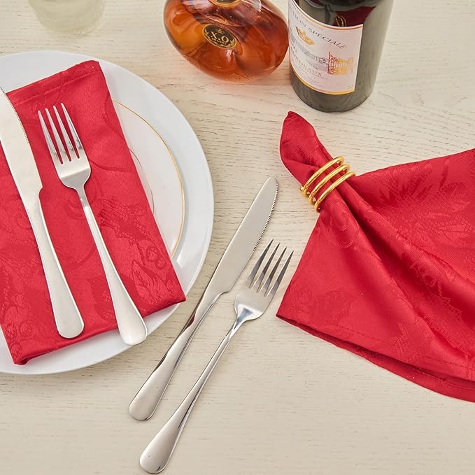 Cloth Napkins Set of 8 – Square Jacquard Floral Flowers Fabric Polyester Washable Reusable for Kitchen Dinner Dining Restaurants Wedding Party Banquet Table(Dark Red/17x17 Inch)