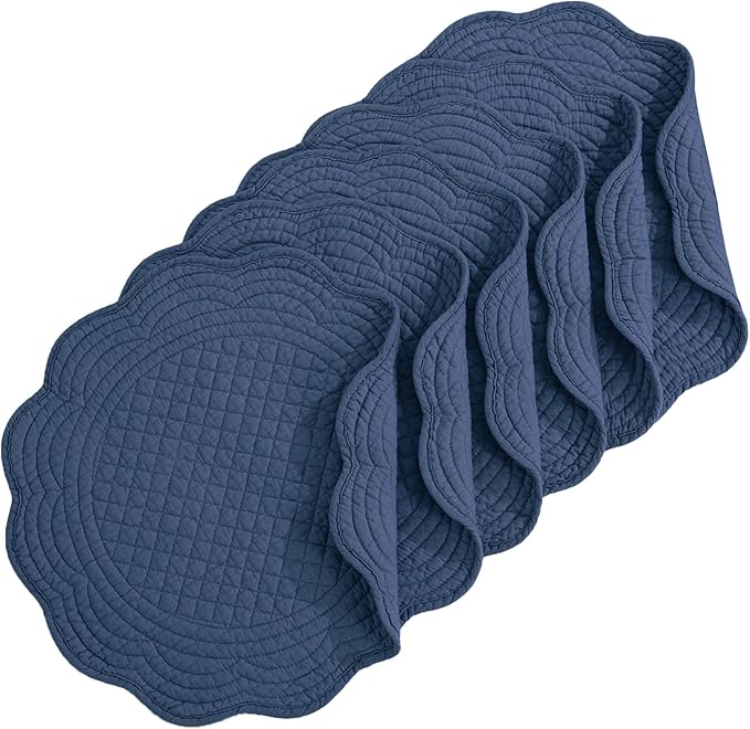 HOMBYS Quilted Placemats Set of 6 Washable Round Placemats for Kitchen Table-100% Cotton Fabric 14 Inch Round Table Mats, Cotton Fabric with Microfiber Filling, (14"x14", Sapphire Blue)