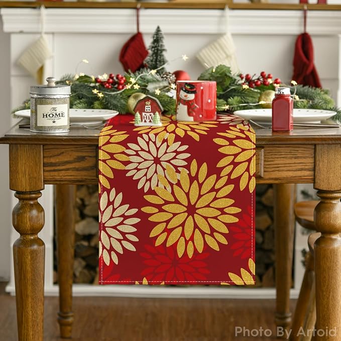 Artoid Mode Red Orange Dahlia Floral 2025 New Year Table Runner, Spring Festival Winter Holiday Kitchen Dining Table Decoration for Home Party Decor 13x72 Inch