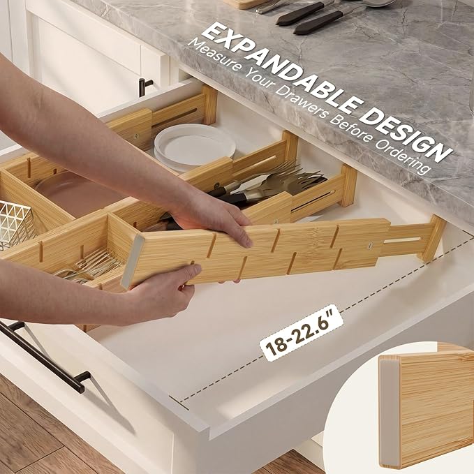 Bamboo Drawer Dividers, Expandable Kitchen Drawer Organizer, Include 8 Dividers, 8 Small Inserts and 8 Medium Inserts for Home, Office, Dressers (Short-8 Dividers)