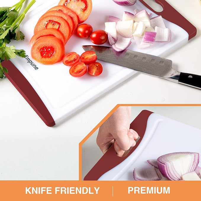 Empune Extra Large Cutting Boards, Plastic Cutting Boards for Kitchen (Set of 4) Cutting Board Set Dishwasher Safe Chopping Board with Juice Grooves Easy-Grip Handles, Red