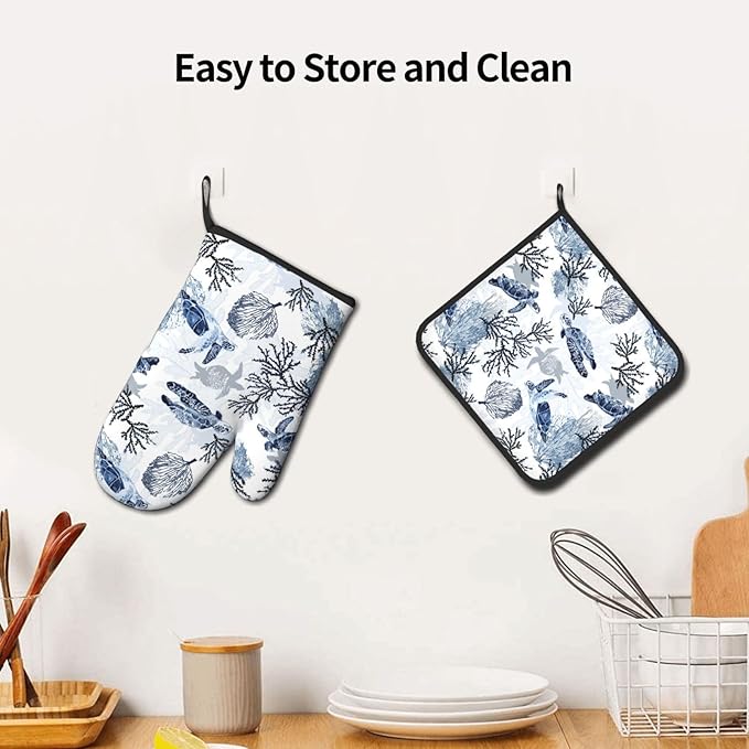 Navy Blue Ocean Sea Turtle Oven Mitts and Pot Holders Sets of 3, Heat Resistant Non-Slip Gift for Cooking Enthusiasts, Coastal Beach Nautical Coral Kitchen Gloves for Baking BBQ Cooking Grilling Decor