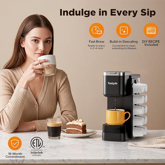 Tastyle Hot & Iced Coffee Maker with Magnetic K-Pod Organizer (Pods Not Included), Stores 10 Pods, 4-5 Cups Coffee Maker & Single-serve Brewer for K Cup & Grounds, 40oz Removable Water Tank, Black