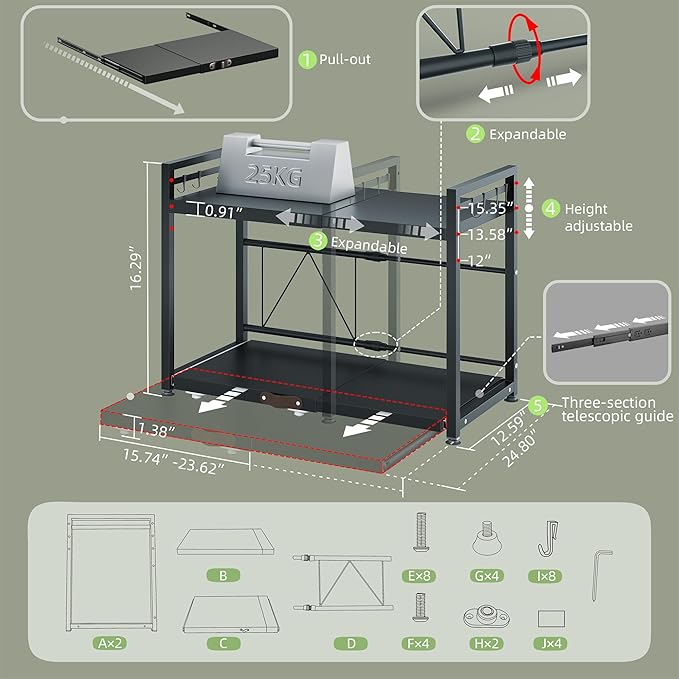 NETEL Expandable Microwave Stand,2 Tier Metal Kitchen Countertop Organizer Shelves with 8 Hooks,Bakers Rack,Pull-Out Microwave Shelf,55lbs Weight Capacity,Black