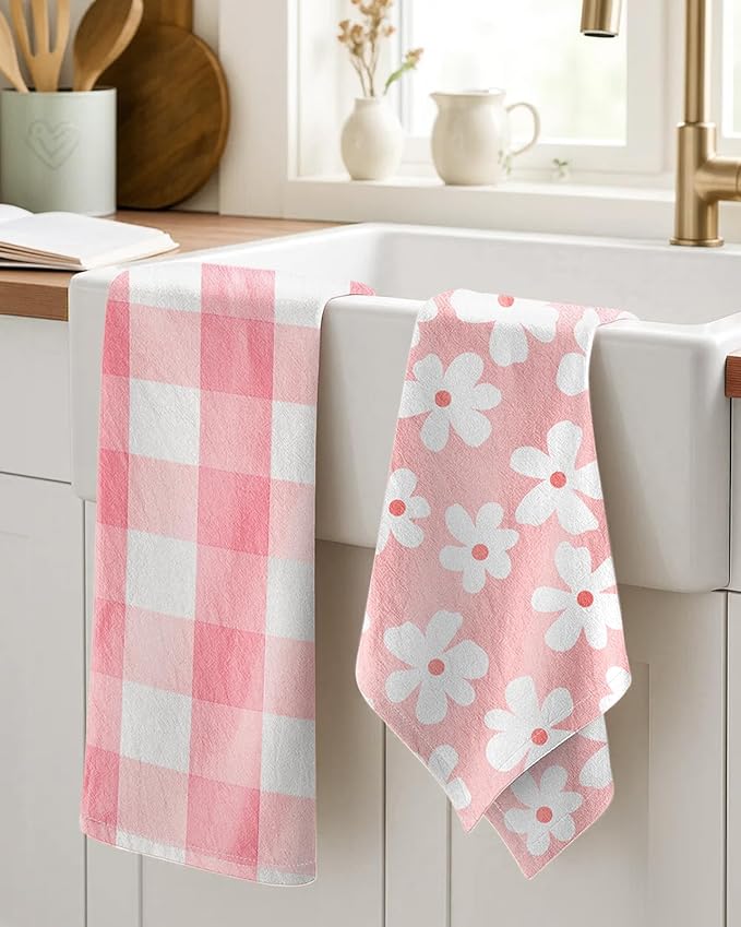 Miss Adola 2pcs Flour Sack Kitchen Towels - 18"x 26" Cotton Kitchen Hand Towels with Hanging Loop Reusable Geometric Girly Plaid Floral Tea Towel Absorbent Dishcloths Home Decor, Pink Flower